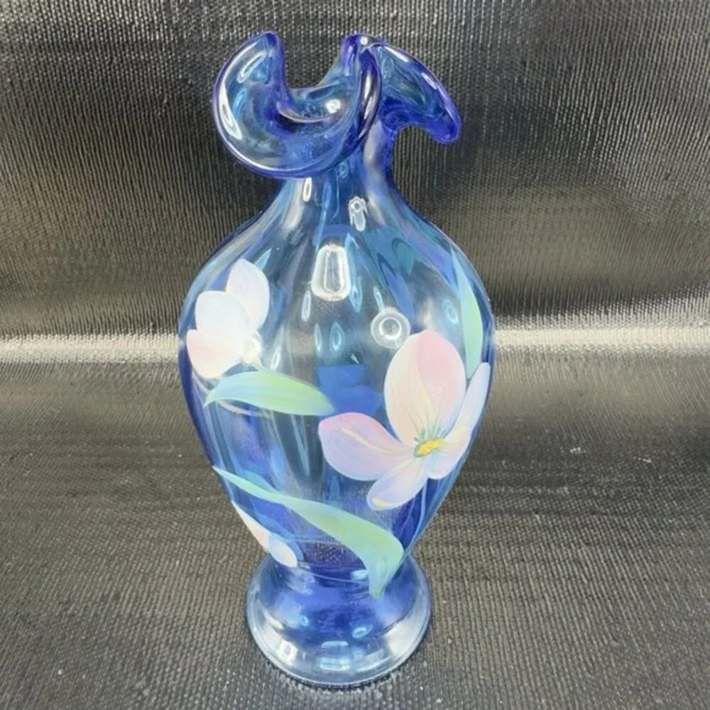 Vintage Fenton Art Glass Vase‎ Vessel Blue Hand Painted Flowers W Sticker Vase